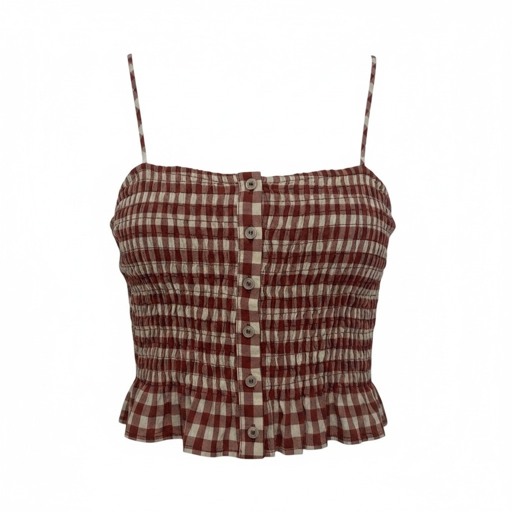Zara Red Gingham Crop Top Medium Smocked Milkmaid Cami Button Front Picnic NWT S